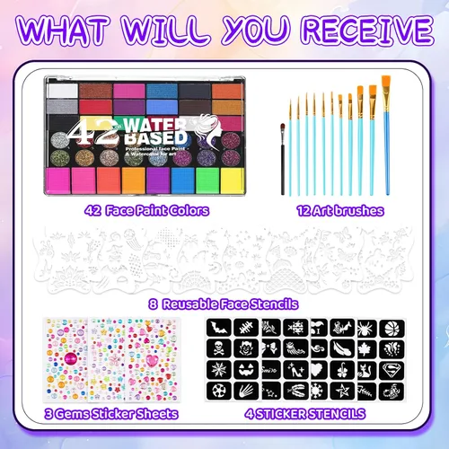 Vista 3 de Kit de pintura facial de 42 colores para niños, kit de paleta de pintura facial de agua no tóxica profesional con pinceles, plantillas, gemas