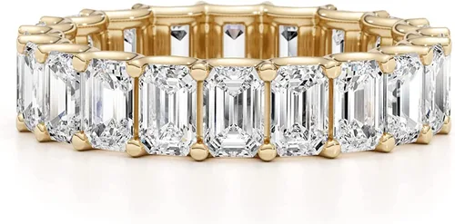 Vista 4 de Anillo de eternidad de moissanita de corte esmeralda de 5 34 a 7 12 quilates para mujer en oro blanco o amarillo de 14 k (D-E, VVS, CTW), anillo