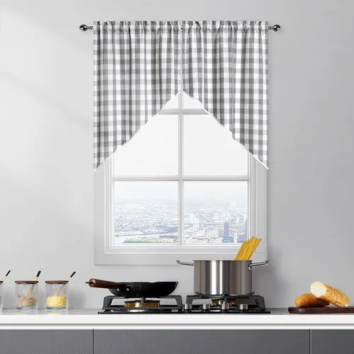 Vista 15 de Cortinas de Cocina Estilo Granja de Cuadros Vichy Blanco y Negro de 24 Pulgadas de Largo, Cortinas de Café de Media Ventana de Cuadros Buffalo