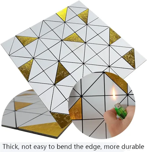 Vista 3 de XUANINY 7 hojas de azulejos en muro autoadhesivos, superficie de aluminio triangular de mosaico de metal, adhesivo de pared 3D de aluminio Dorado