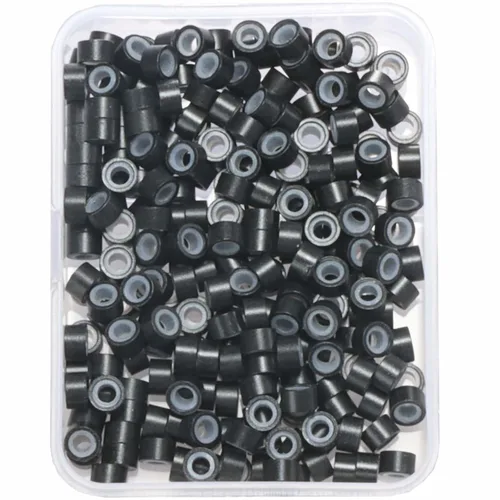 Vista 32 de Anillas de microenlace de 4 mm con forro de silicona, cuentas de oropel para extensiones de pelo, 300 unidades, color negro
