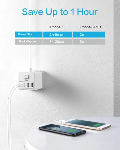Vista 3 de KMC Regleta protectora de sobretensiones, enchufe de alimentación portátil con 4 puertos USB de 4.8 A y control de interruptor, cable de extensión