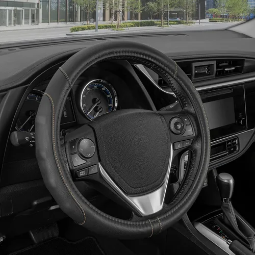 Vista 10 de Motor Trend GripDrive - Funda de cuero negro sintético para volante de automóvil, camión, camioneta, SUV, tamaño pequeño de 14 pulgadas, funda
