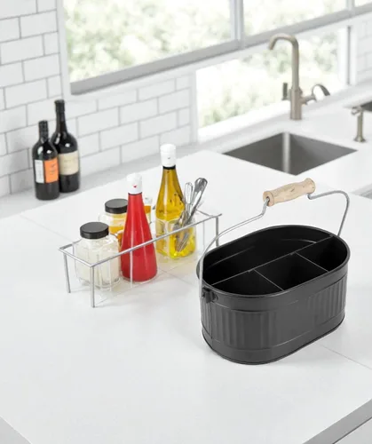 Vista 3 de CLEENTABLE Organizador rústico galvanizado para utensilios – Soporte de cubiertos de granja para cocina, comedor, picnic, fiestas, organizador