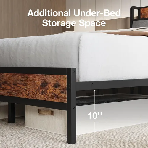 Vista 4 de Novilla Base de cama Queen con estación de carga USB/tipo C y cabecera de almacenamiento, marco de cama de plataforma de metal moderno, fácil