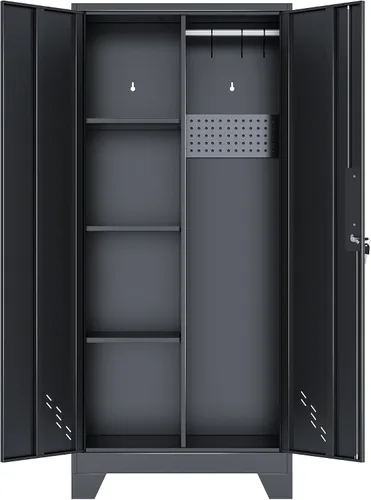 Vista 7 de Armario de almacenamiento de metal de 61 pulgadas con puertas con cerradura, gabinete de suministros de limpieza con tablero de clavijas y barra