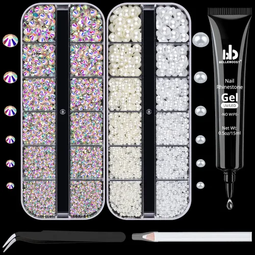 Vista 9 de Kit de pedrería para uñas BELLEBOOST, 15ml de pegamento de gel con strass + gemas coloridas + cristales de vidrio flatback AB y gemas transparentes