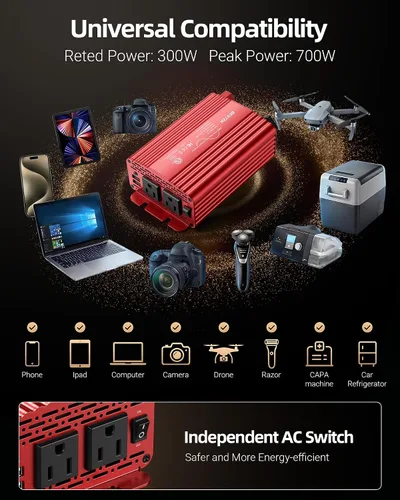 Vista 12 de BESTEK Inversor de Corriente de Onda Sinusoidal Pura de 300 Vatios - Adaptador Inversor de Enchufe de Automóvil de CC 12V a CA 110V, Convertidor