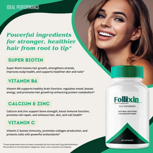 Vista 5 de Follixin Cápsulas de crecimiento del cabello, píldoras de suplemento de salud capilar Follixin, máxima fuerza, nutre el cabello Follixin, fortalece