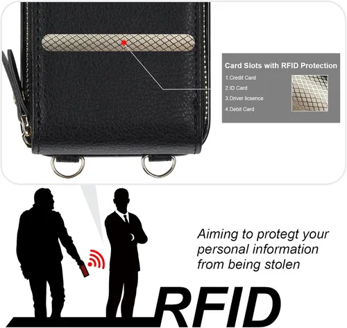 Vista 6 de KIHUWEY - Funda tipo cartera cruzada para iPhone 14/13, color negro Funda protectora duradera de piel sintética, bloqueo RFID con bolsillo