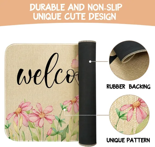 Vista 7 de Tapete antideslizante para puerta de Pascua, diseño de conejito de primavera, diseño floral para interiores y exteriores, para entrada, porche