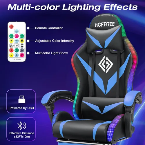 Vista 5 de HOFFREE - Silla para juegos con luces LED RGB estilo carreras, color azul azul+negro