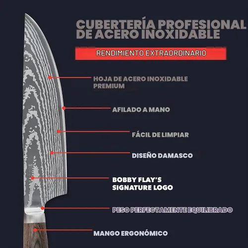 Vista 3 de GreenPan x Bobby Flay - Cuchillo de chef de 8 pulgadas con funda, hoja de acero inoxidable de alta calidad, herramienta de cocina de corte de Marrón