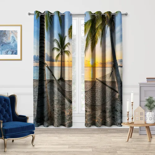 Vista 2 de Jekeno Cortinas opacas con palmeras oceánicas, playa, cielo, sol, decoración de paisaje marino para dormitorio, sala de estar, cortinas de ventana
