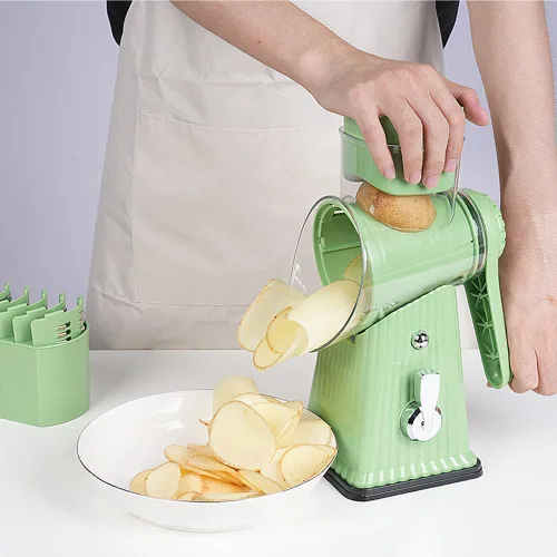 Vista 6 de Rallador rotativo de queso con 5 cuchillas, tubo grande para alimentos, empujador de alimentos de seguridad, base de succión fuerte, verde menta