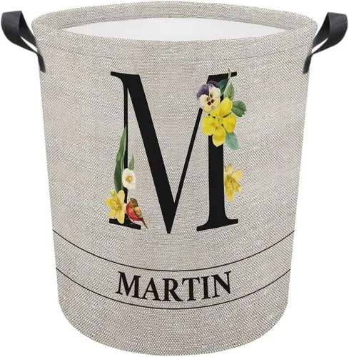 Vista 16 de Cesta de lavandería con inicial floral personalizada, monograma, nombre personalizado, flores y pájaros, cesta de ropa plegable de tela, caja