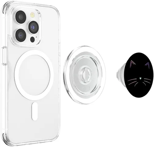 Vista 3 de PopSockets MagSafe PopGrip de cara de gato arcoíris negra para iPhone