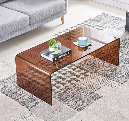 Vista 4 de Mesa de café de vidrio SMARTIK, mesas de café ámbar modernas para sala de estar, pequeña mesa auxiliar rectangular de vidrio templado con efecto