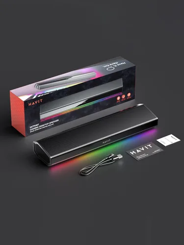 Vista 7 de havit Altavoces de computadora para PC de escritorio, barra de sonido Bluetooth de 5.3 piezas con luz LED dinámica, estéreo de alta fidelidad