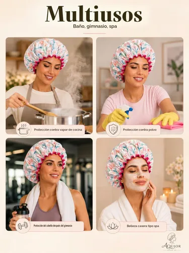 Vista 4 de Aquior Gorro de ducha para mujer, impermeable, reutilizable, con elástico suave, tamaño grande para cabello largo, bonito gorro de baño para ducha