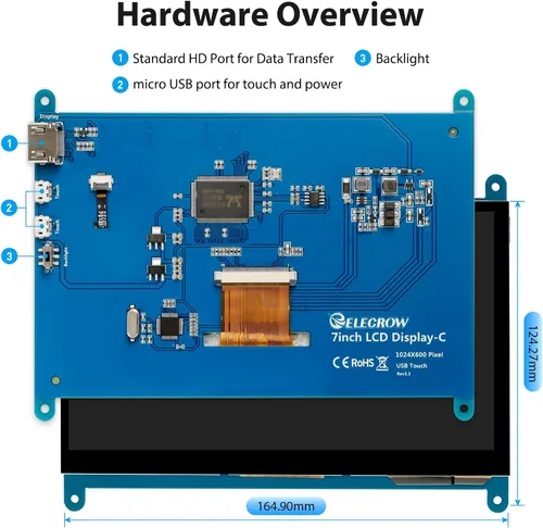 Vista 5 de ELECROW 7 Pulgadas 1024×600 Pantalla Táctil para Raspberry Pi: Pantalla LCD IPS de Toque Capacitivo, Mini Monitor Portátil Compatible con Raspberry