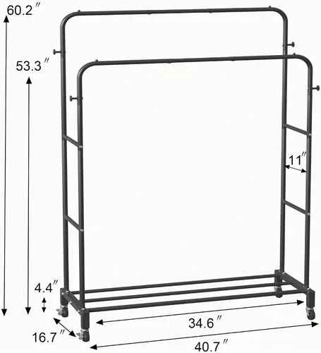 Vista 5 de Sooyee - Perchero de doble varilla con ruedas, 3 niveles, color negro Percheros metálicos para colgar ropa, portátiles, 4 ganchos