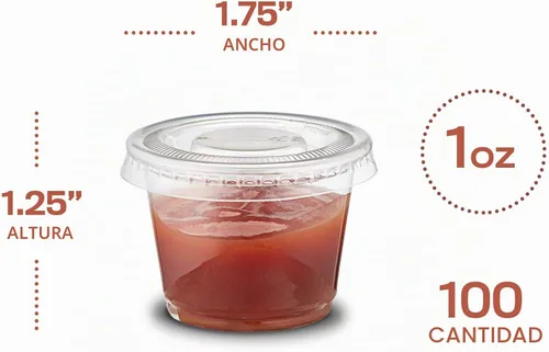Vista 2 de Vasos de porción desechables de plástico transparente de 1 oz (100 juegos) - Vasos para condimentos, salsa, aderezo, gelatina con tapas Mini jello