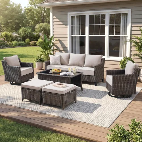 Vista 51 de Belord Sofá de patio exterior acolchado de 3 asientos de lujo de 6 pulgadas Cojín de mimbre marrón/beige de 6 pulgadas
