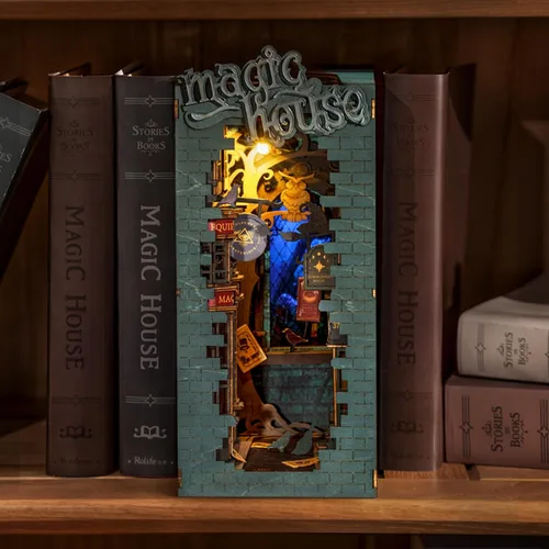 Vista 5 de Rolife Kit de bricolaje para rincón de libros Casa mágica, kit de miniatura para rincón de libros 3D creativo decorativo, estanterías