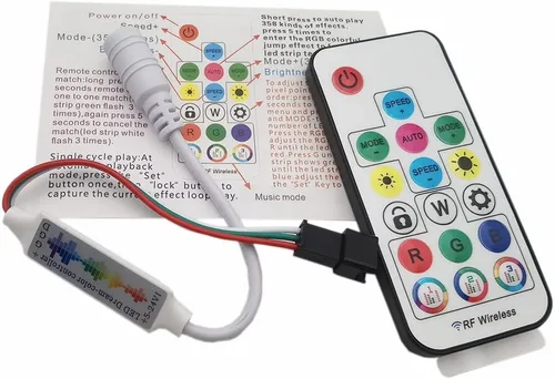 Vista 3 de DC5-24V 17Keys Music Led Controller 3Pin Mini RF Remote para WS2812B WS2811 5050 RGB Tira direccionable individualmente 358 modos