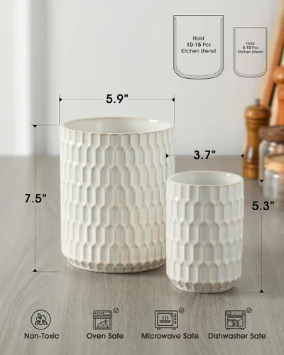 Vista 2 de Portautensilios, 7.3"+5.4" Portautensilios de Cerámica para Cocina para Encimera, Recipiente Grande para Utensilios de Cocina para Encimera de Beige