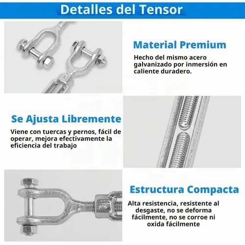 Vista 3 de Tensor de mandíbula a mandíbula de acero galvanizado sumergido en caliente - Tensor de servicio pesado, diámetro roscado de 1/2" x 18, límite