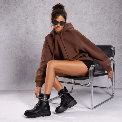 Vista 5 de DREAM PAIRS Botas de combate de plataforma de moda para mujer, con cordones, suela gótica, botines al tobillo