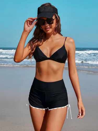 Vista 7 de ATTRACO - Pantalones cortos de natación para mujer, de cintura alta, traje de baño, pantalones cortos de baño, pantalones cortos de tabla de surf