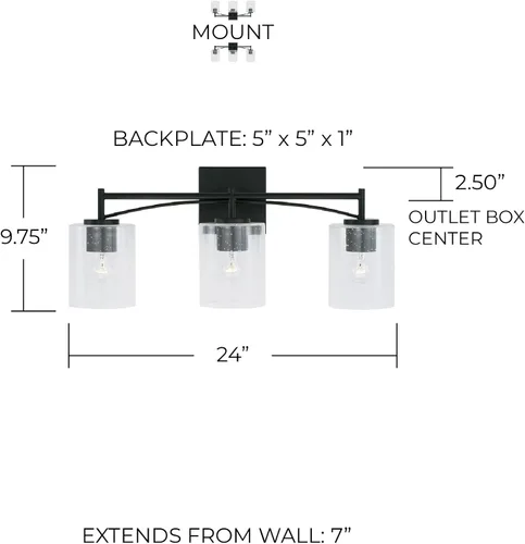 Vista 5 de Capital Lighting Peyton 142031MB-510 - Soporte de pared para tocador de baño de vidrio transparente industrial, 3 luces, 300 vatios en total, 10