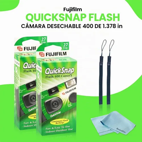Vista 2 de Cámara desechable Fujifilm QuickSnap Flash 400 de 35mm • Paquete de 2 • 2 correas para la mano • Paño de limpieza de microfibra BluebirdSales