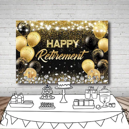 Vista 4 de MEHOFOND Telón de fondo de feliz jubilación negro y dorado con texto en inglés "Congrats Retirement" (Congrats Retirement) - Cartel de feliz