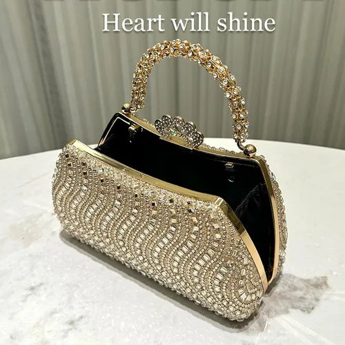 Vista 8 de Bolso de mano de noche con diamantes de imitación de cristal para mujer con cierre de corona de asa dorada, cadena desmontable formal para gala