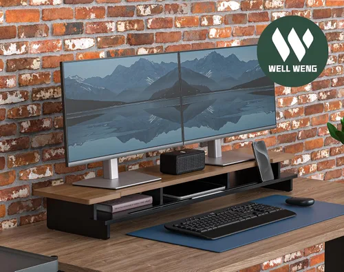 Vista 7 de Estante de escritorio con soporte de monitor dual de 42.5" con soporte para tableta de teléfono