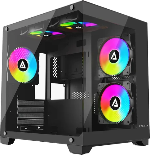 Vista 9 de Apevia Phantom-BK Phantom Micro-ATX Carcasa de PC de Juegos de Cámara Dual con 5X 120mm Ventiladores ARGB, 366 Modos RGB, Paneles de Vidrio Templado