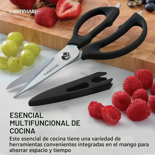 Vista 2 de Farberware Tijeras de cocina 4 en 1 con mango negro, tijeras de acero inoxidable de alto carbono con abridor de botellas, abridor de tarros