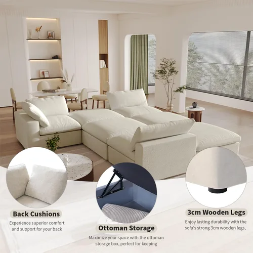 Vista 4 de Sofá seccional modular Cloud, sofá de gran tamaño de 8 plazas, sofás convertibles en forma de U de 160.6" con otomano de almacenamiento para sala