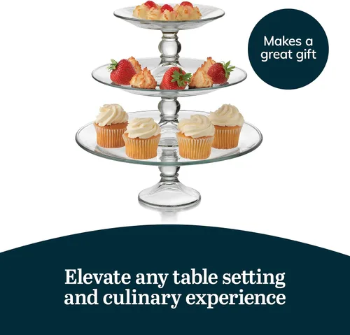 Vista 5 de Libbey Selene Juego de Soporte de Servicio de 3 Niveles, Elegante Soporte de Postre de Vidrio de Estilo Curvo, Soporte de Postre de 3 Niveles Apto