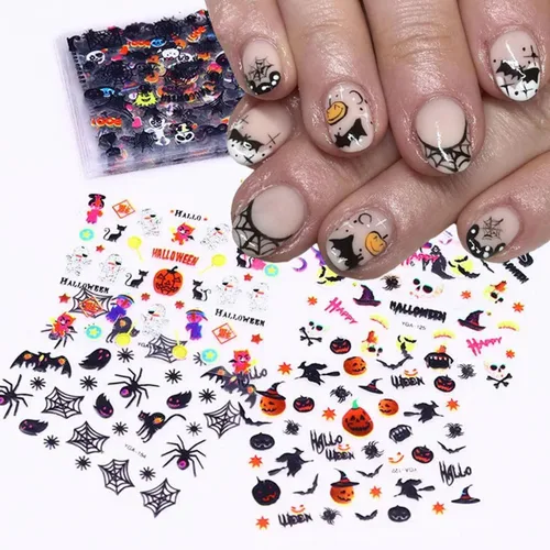 Vista 4 de 24 hojas de calcomanías de arte de uñas de Halloween autoadhesivas 3D, fantasma, calabaza, murciélago, gato, cráneo, diseños de uñas, calcomanías