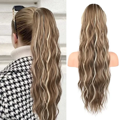 Vista 43 de FLUFYMOOZ Extensión de cola de caballo de 22 pulgadas, extensiones de cabello sintético ondulado largo y rizado para mujer