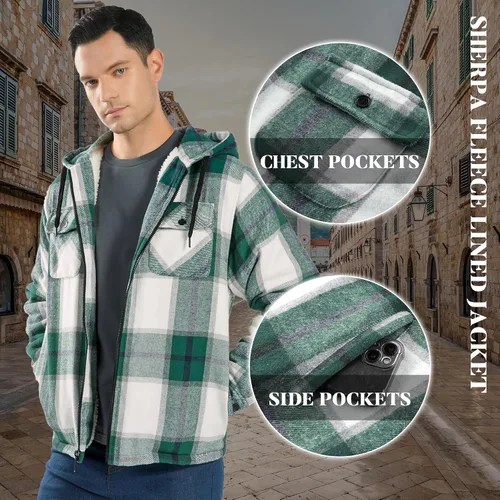 Vista 4 de Ceoutdoor Chaqueta de franela con capucha para hombre, forro polar, camisa de franela a cuadros con cremallera, sudadera con capucha de sherpa