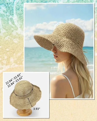 Vista 4 de Sombreros de sol para mujer, sombrero de pescador de paja de ala ancha de 2-Beige