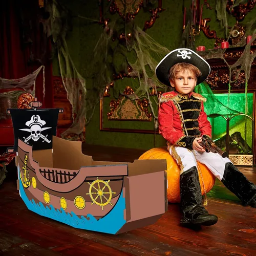 Vista 5 de Eaasty Colorear barco pirata de cartón, barco de cartón, casa de juegos para niños, manualidades, bricolaje, niños grandes, casa de juegos al aire
