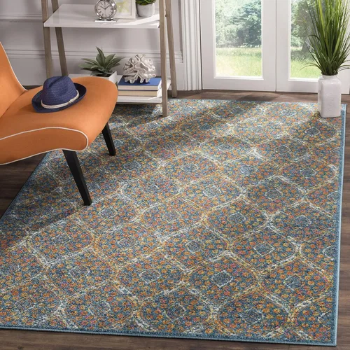 Vista 5 de SAFAVIEH Madison Collection - Alfombra de pasillo, 2 pies 3 pulgadas x 8 pies, azul y naranja, diseño bohemio y chic de enrejado Ogee Trellis que