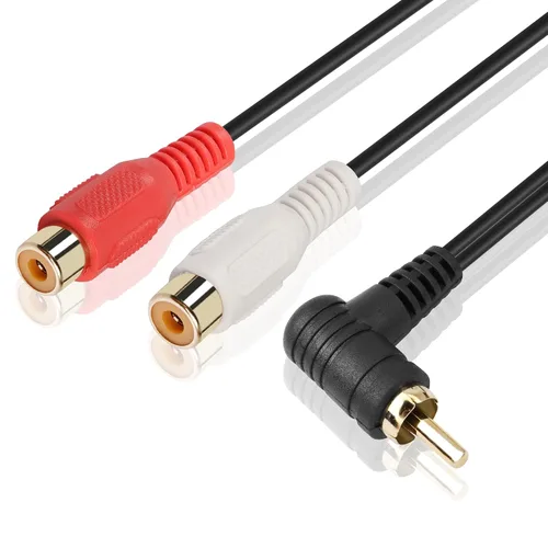 Vista 2 de Cable divisor RCA Y, 2 unidades de cable adaptador de audio estéreo RCA de 90 grados, 1 macho a 2 hembras, 9.8 in